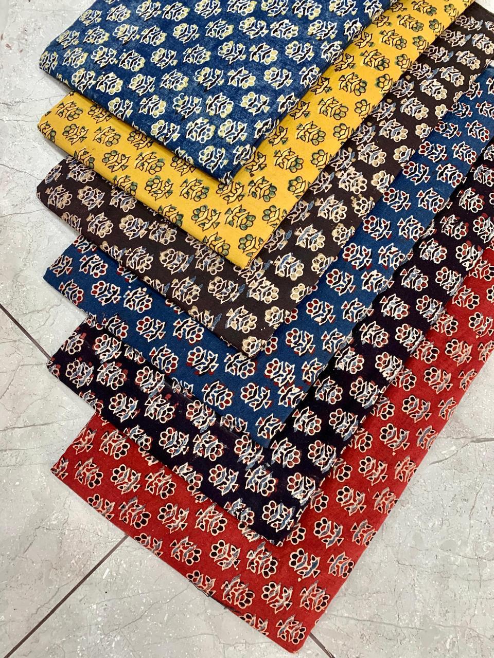 Ajrakh pure cotton handblock printed fabric in cream base with multicolour handblock motifs